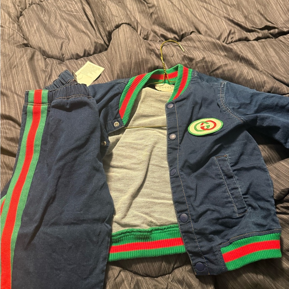 Authentic Gucci Kids Blue Jacket and Pants Set with Red and Green Stripes